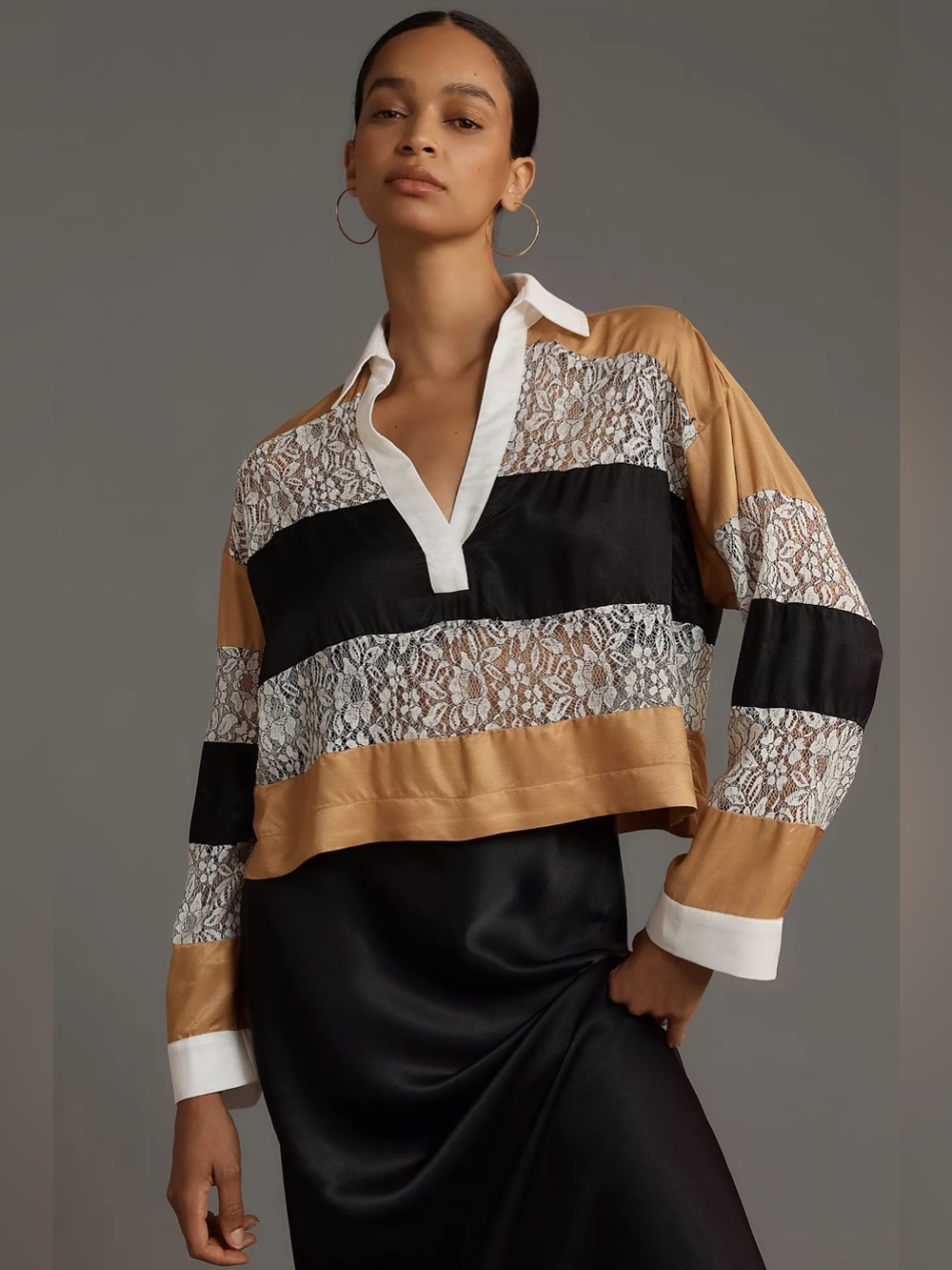 Maeve Anthropologie Women's Sz Small Black Tan Long Sleeve Paneled Cropped Rugby
